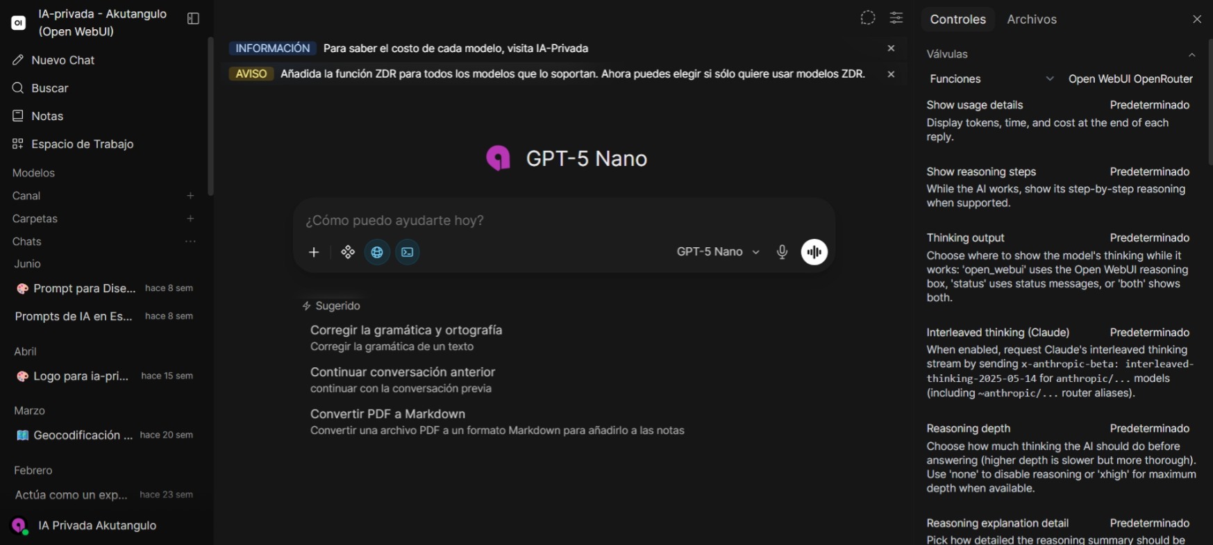 Panel de controles tras activar la función de OpenRouter