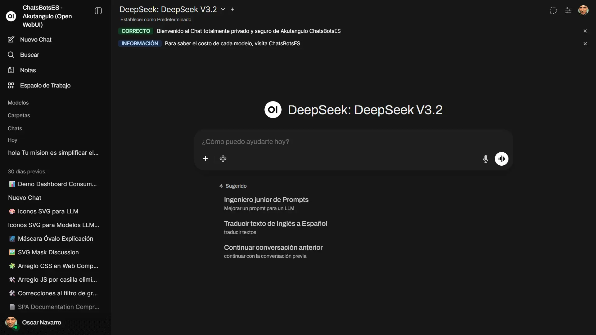 Interfaz inicial de un chat en Open WebUI