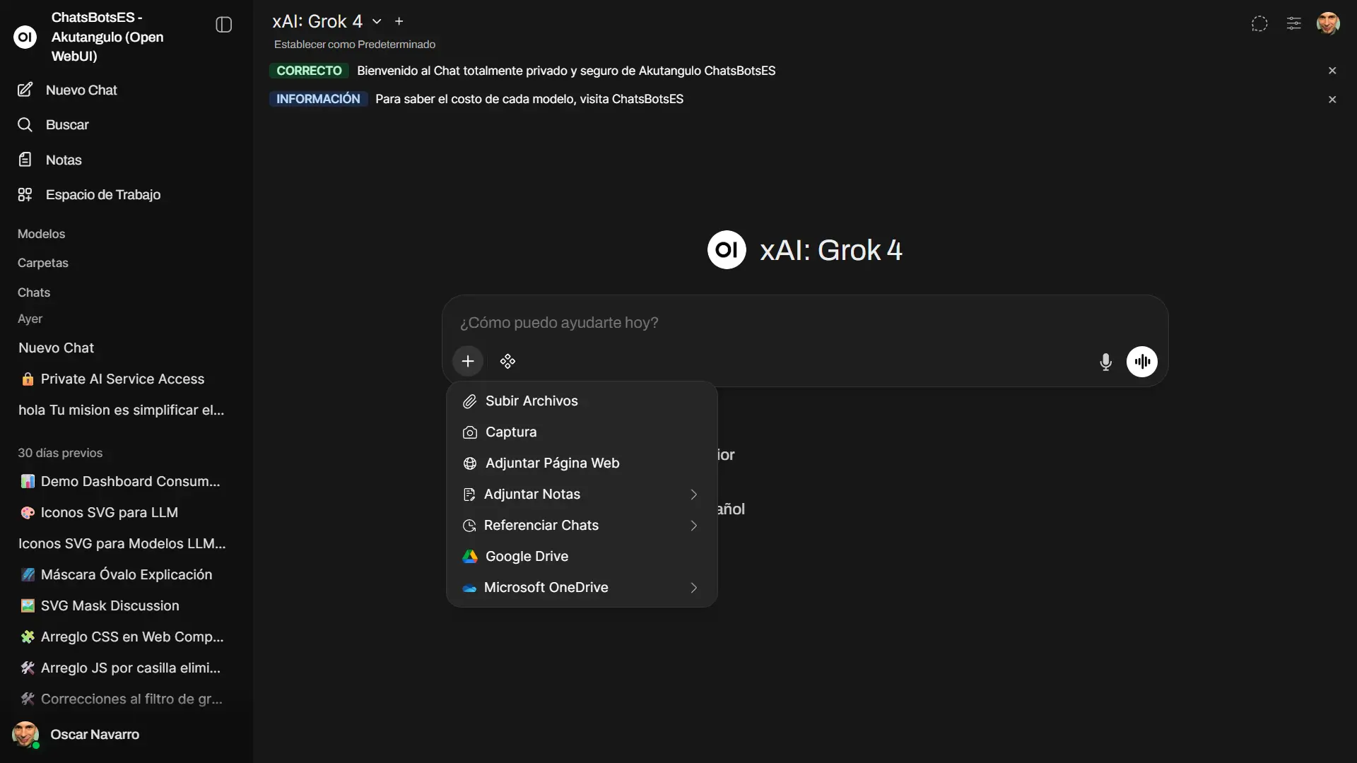 Panel de subida de archivos en Open WebUI para analizar documentos